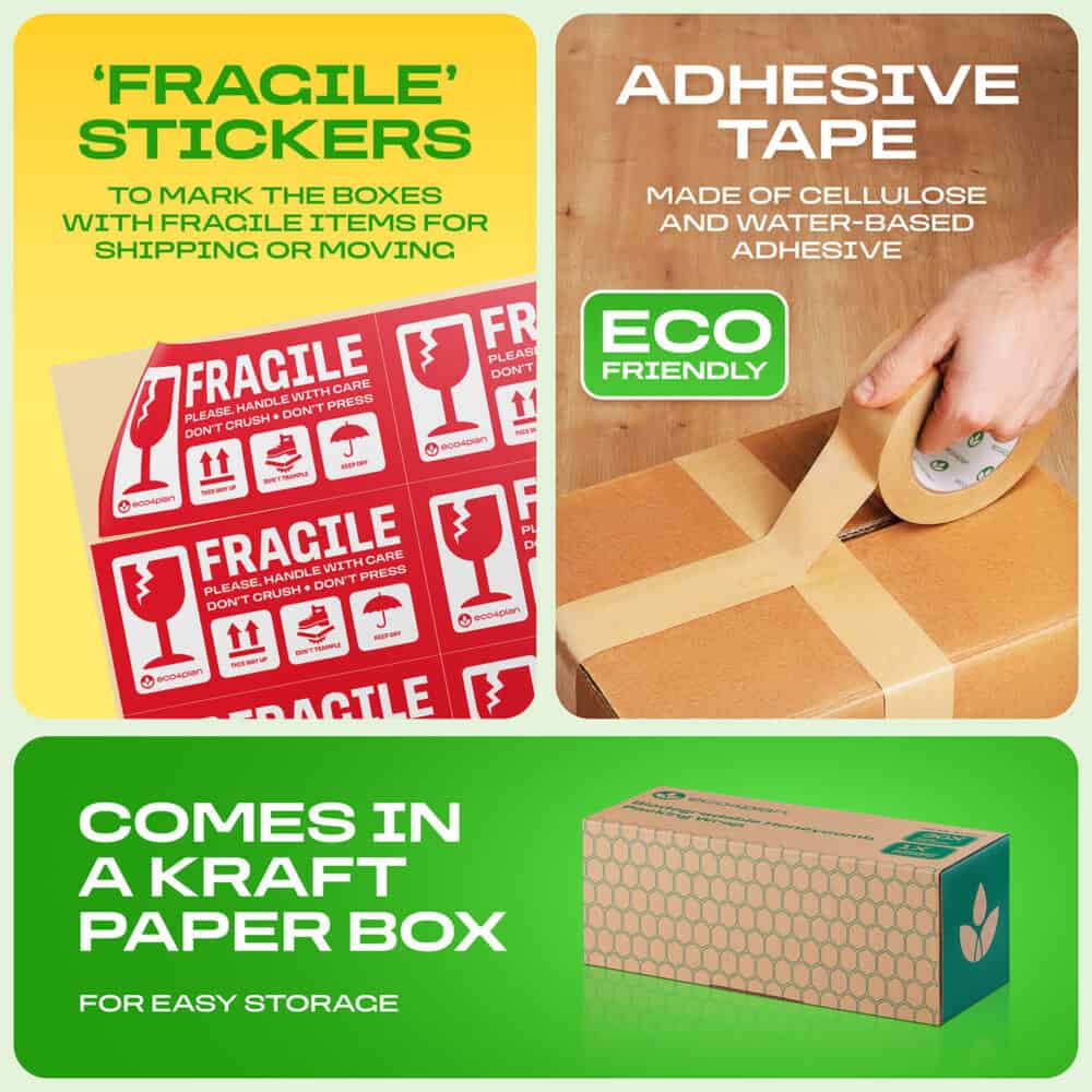 honeycomb packing paper set with stickers, biodegradable adhesive tape, and kraft cardboard storage box